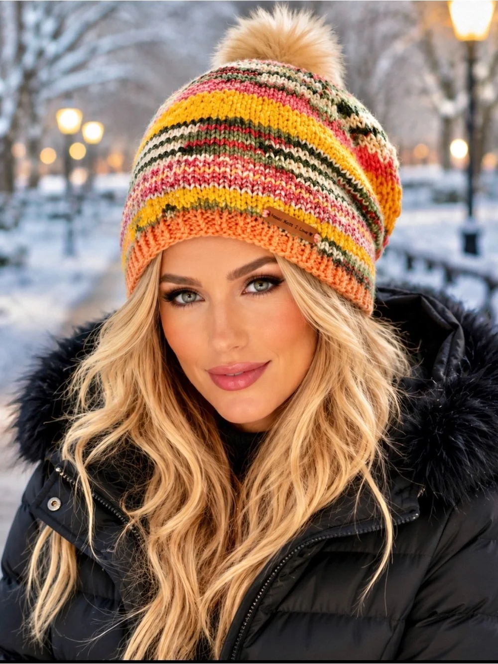 Beanie Slouch by Hand Knits 2 Love Rainbow Designer Faux Fur Pom Pom Hip Fun Cap